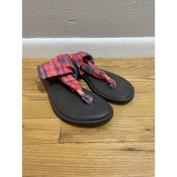 Sanuk Yoga Sling 2 Pink Stripped Sunset Flip Flop, Brown soles, Women's‎ 9 - Picture 1 of 5